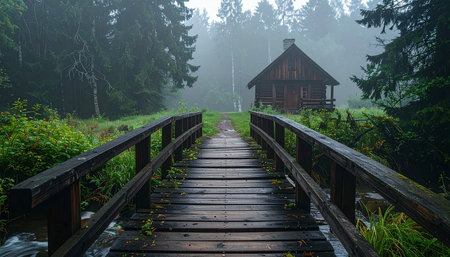 A weathered wooden bridge leads the way across a small ravine, disappearing into the misty morning fog.の素材