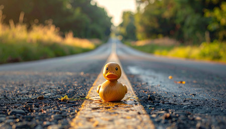 A small rubber duck sits alone on the yellow line of a cracked asphalt road, embarking on a grand adventure.の素材