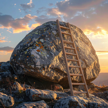 Against a dramatic sunset sky, a simple wooden ladder rests against a massive, immovable boulder.の素材