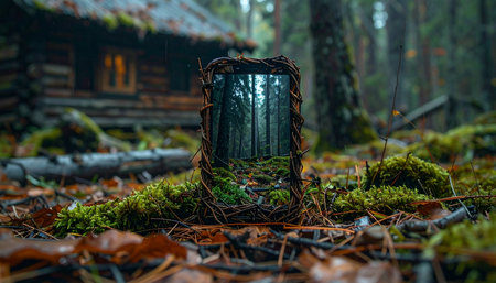 A smartphone rests on the mossy ground of an ancient forest, its screen glowing with an image of the very woods it's in, creating a surreal portal between the digital and natural worlds.の素材