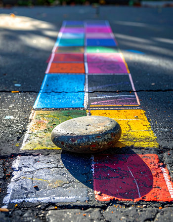 A stone marker rests on a brightly colored chalk hopscotch grid, waiting for the next turn.の素材