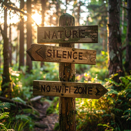 In the heart of a sun-drenched forest, a rustic wooden signpost offers a clear choice: turn towards nature, embrace the silence, and enter a no-wifi zone.の素材