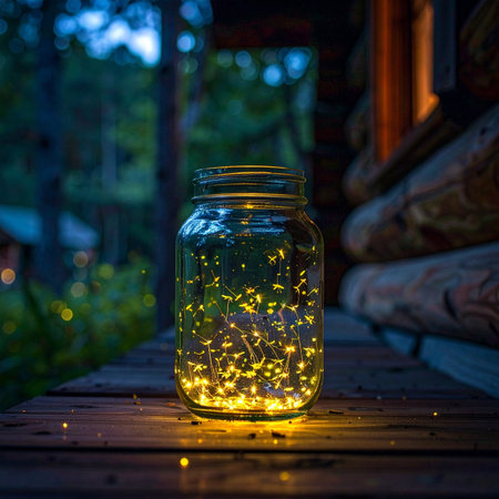 A glass jar filled with glowing fireflies sits on a rustic wooden porch, capturing the magical essence of a warm summer evening.の素材