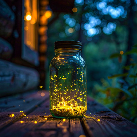 A glass jar filled with the magical glow of countless fireflies sits on a rustic wooden porch, capturing the enchanting essence of a warm summer evening.の素材