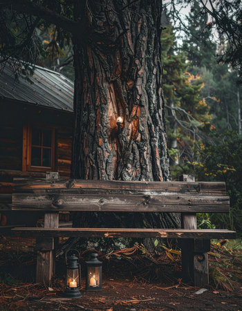 A rustic wooden bench sits before a grand old tree, illuminated by the warm, inviting glow of lanterns. In the background, a secluded forest cabin promises a peaceful retreat from the world.の素材