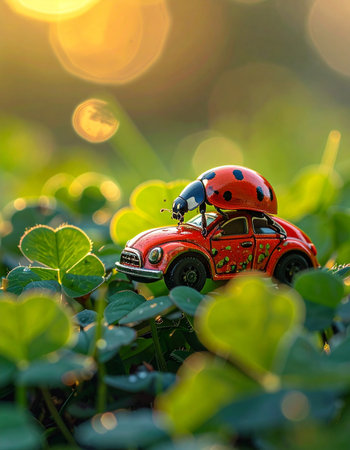 A tiny ladybug embarks on an epic adventure, riding atop a classic red toy car through a lush field of clover.の素材