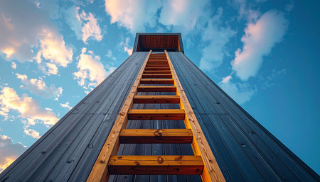 An upward view of a wooden ladder stretching towards a beautiful cloudy sky. This image symbolizes the journey of ambition, progress, and climbing towards one's goals.の素材