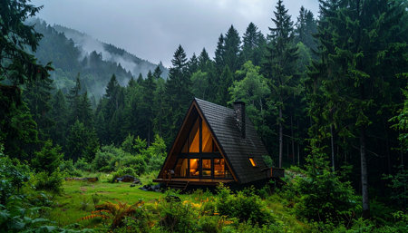 As twilight descends upon the misty mountains, a modern A-frame cabin offers a warm, glowing sanctuary.の素材