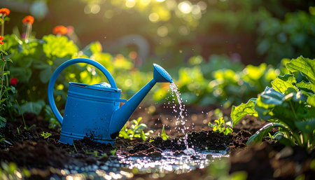 In the gentle glow of the late afternoon sun, a blue watering can provides life-giving water to a thriving vegetable garden.の素材
