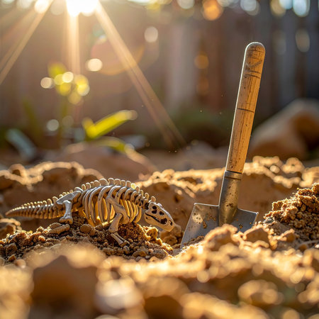 A toy dinosaur skeleton is unearthed from the soil with a small shovel, bathed in the warm glow of the setting sun.の素材
