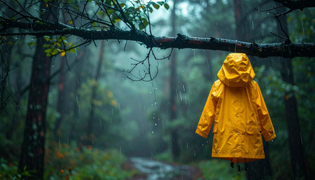 A lone yellow raincoat hangs from a dark tree branch, a vibrant splash of color against the deep, misty greens of a rainy forest.の素材