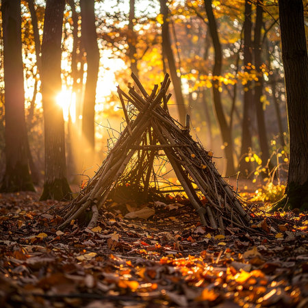Golden sunbeams pierce through the autumn trees, illuminating a small, handmade stick fort nestled among the fallen leaves.の素材