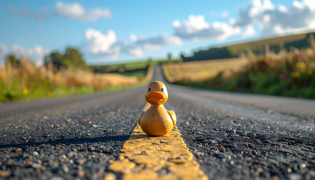 A small rubber duck embarks on a grand adventure, bravely following the yellow line down a long, empty country road.の素材