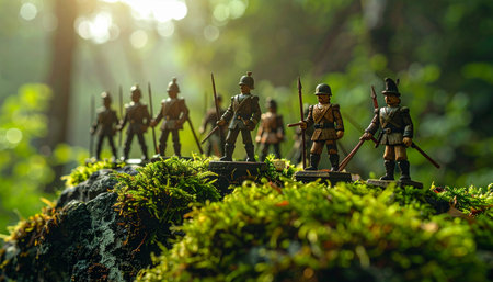 A small army of miniature toy soldiers stands ready for battle on a moss-covered rock in a sun-drenched forest.の素材