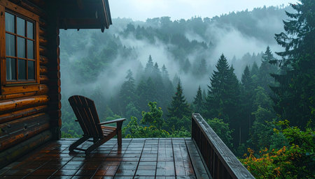 An empty Adirondack chair sits on the wet wooden deck of a rustic log cabin, offering a front-row seat to the serene and moody spectacle of mist rising through a dense evergreen forest.の素材