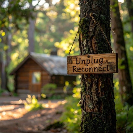 A rustic wooden sign with the words 'Unplug, Reconnect' hangs from a tree in a sun-dappled forest.の素材
