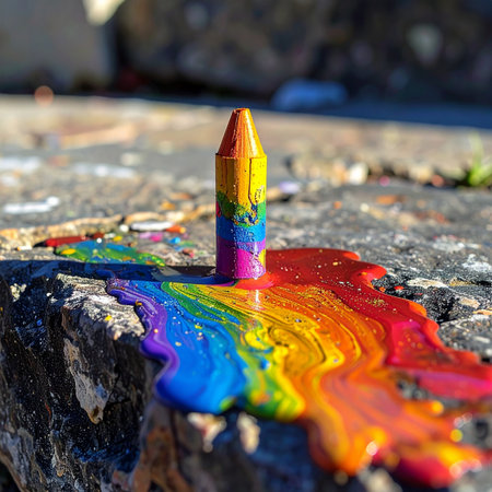 Under the warmth of the sun, a single rainbow crayon transforms, its solid form giving way to a vibrant cascade of liquid color.の素材