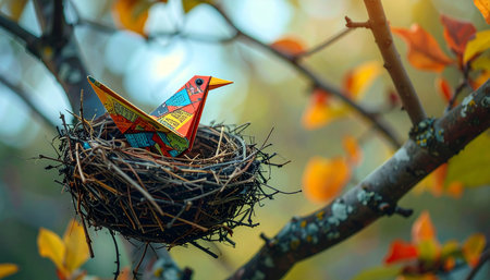 A unique, colorful geometric bird finds a safe haven in a natural nest, nestled among the warm, golden leaves of an autumn tree.の素材
