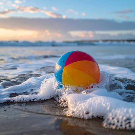 As the sun dips below the horizon, a colorful beach ball rests in the gentle, foamy surf.の素材