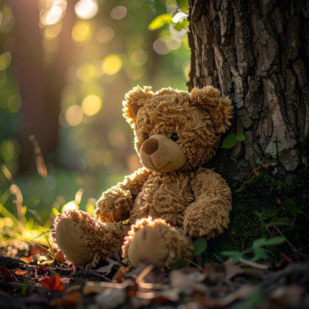 A forgotten teddy bear sits alone in a quiet forest, leaning against an old tree as the warm, golden sunlight filters through the leaves.の素材
