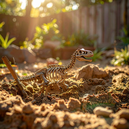 A miniature dinosaur skeleton toy comes to life in a prehistoric world imagined in a backyard garden.の素材