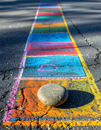 A colorful chalk hopscotch court stretches down the cracked asphalt, a vibrant pathway of childhood memories.の素材