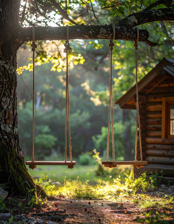 In the quiet glow of the late afternoon sun, two empty wooden swings hang from a sturdy oak, patiently waiting.の素材
