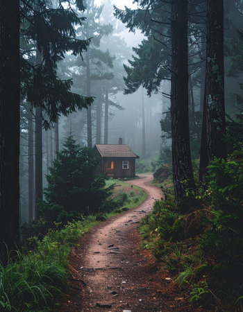 Deep within a moody evergreen forest, shrouded in thick fog, a small remote cabin offers a hidden retreat.の素材