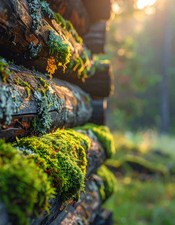 Golden morning light filters through a tranquil forest, illuminating the vibrant green moss growing on the weathered logs of a rustic cabin.の素材
