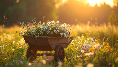 A rustic wooden wheelbarrow overflows with freshly picked wildflowers, basking in the warm, golden glow of a summer sunset.の素材