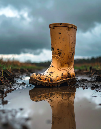 A lone yellow wellington boot, splattered with fresh mud, stands in a reflective puddle after a recent downpour.の素材