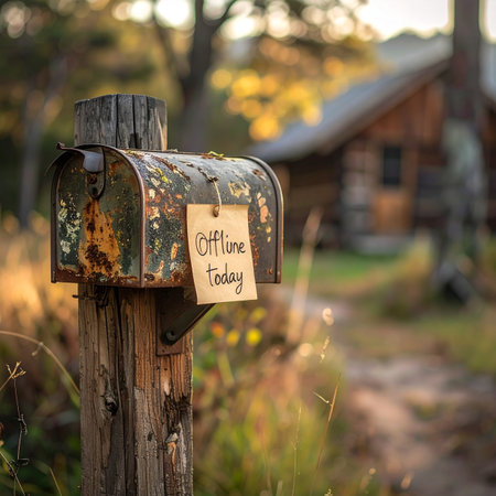 A charmingly rusty mailbox stands in a sun-dappled country setting, a simple handwritten note declaring 'Offline today'.の素材