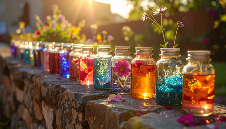 A row of colorful, handcrafted jar lanterns sits on a rustic stone wall, catching the last rays of the setting sun.の素材