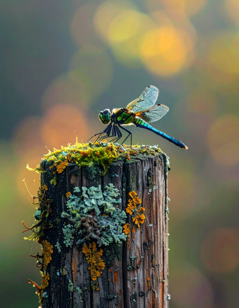 A delicate dragonfly pauses for a moment of rest on a weathered, moss-covered post.の素材