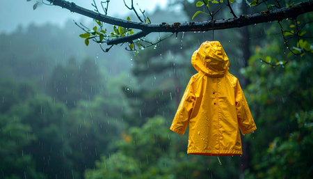 A lone yellow raincoat hangs from a tree branch in a misty, green forest, evoking a sense of mystery and quiet solitude.の素材