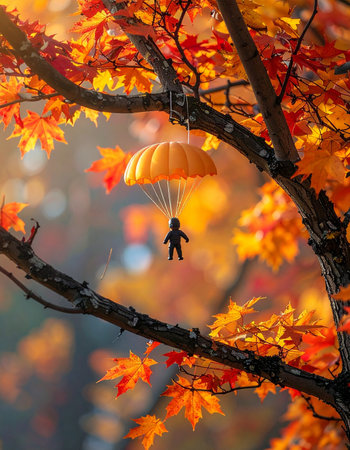A tiny toy parachutist makes a gentle descent, its journey paused among the vibrant, fiery leaves of an autumn maple tree.の素材