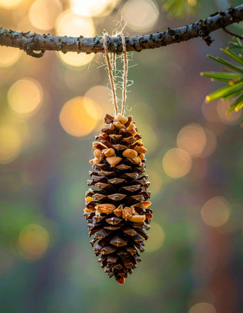 A handmade pinecone bird feeder, filled with seeds and suet, hangs from a rustic tree branch.の素材