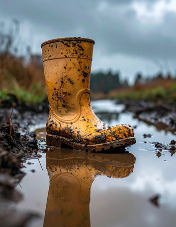 A single, mud-splattered yellow Wellington boot stands abandoned in a murky puddle, its form perfectly reflected in the still water under a cloudy sky.の素材