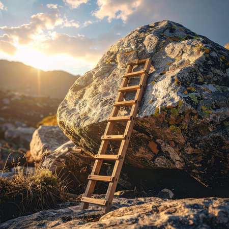 A wooden ladder rests against a massive boulder, illuminated by the golden light of a setting sun.の素材