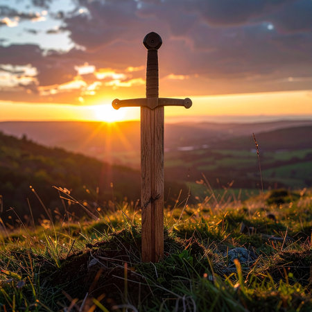 A legendary sword stands embedded in the earth on a lonely hilltop, its silhouette stark against the golden light of a dramatic sunset.の素材