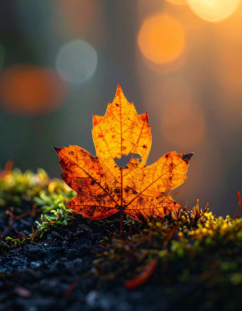 A single, vibrant maple leaf rests on a bed of soft green moss, catching the last golden rays of an autumn sunset.の素材