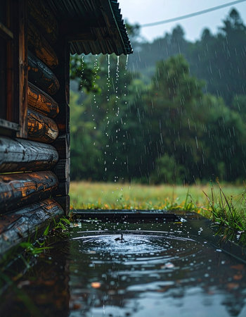 Raindrops cascade from the corrugated roof of a rustic log cabin, creating ripples in a growing puddle below.の素材