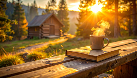 The golden light of dawn filters through the pine trees, illuminating a rustic log cabin.の素材