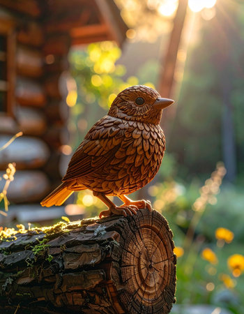 A beautifully detailed wooden bird sculpture rests on an old log, bathed in the warm, golden glow of a setting sun.の素材