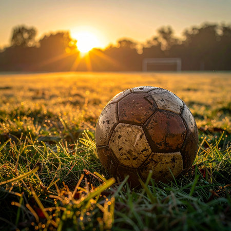 An old, well-loved soccer ball rests on the dewy, frost-kissed grass as the sun rises over the empty pitch.の素材