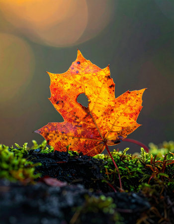 A single, vibrant maple leaf, marked by a curious hole, rests gently on a bed of green moss.の素材
