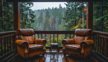 Two comfortable leather armchairs sit empty on a wet wooden deck, offering a front-row seat to the tranquil beauty of a misty, evergreen forest.の素材