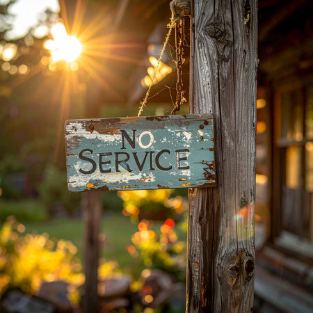 A weathered 'No Service' sign hangs from a rustic wooden post, bathed in the warm glow of a setting sun.の素材
