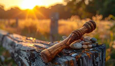 A beautifully carved wooden object rests on a weathered tree stump, bathed in the warm, golden light of a setting sun.の素材