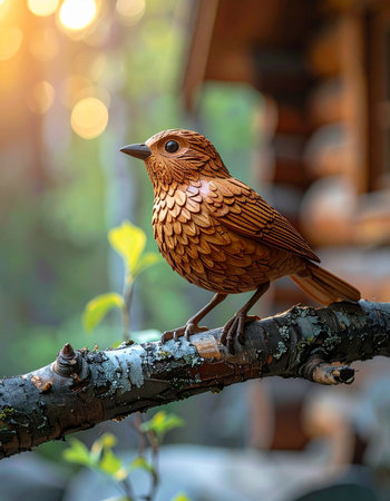 A beautifully handcrafted wooden bird rests on a natural branch, its intricate details illuminated by the soft, golden glow of a rising sun.の素材